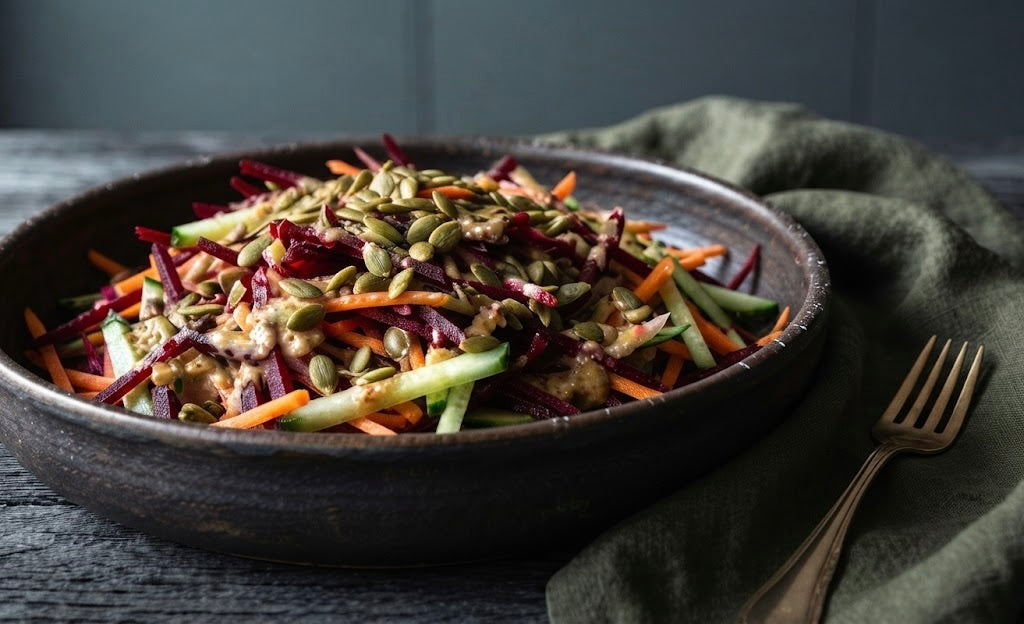 Ensalada crujiente de remolacha, zanahoria y pepino