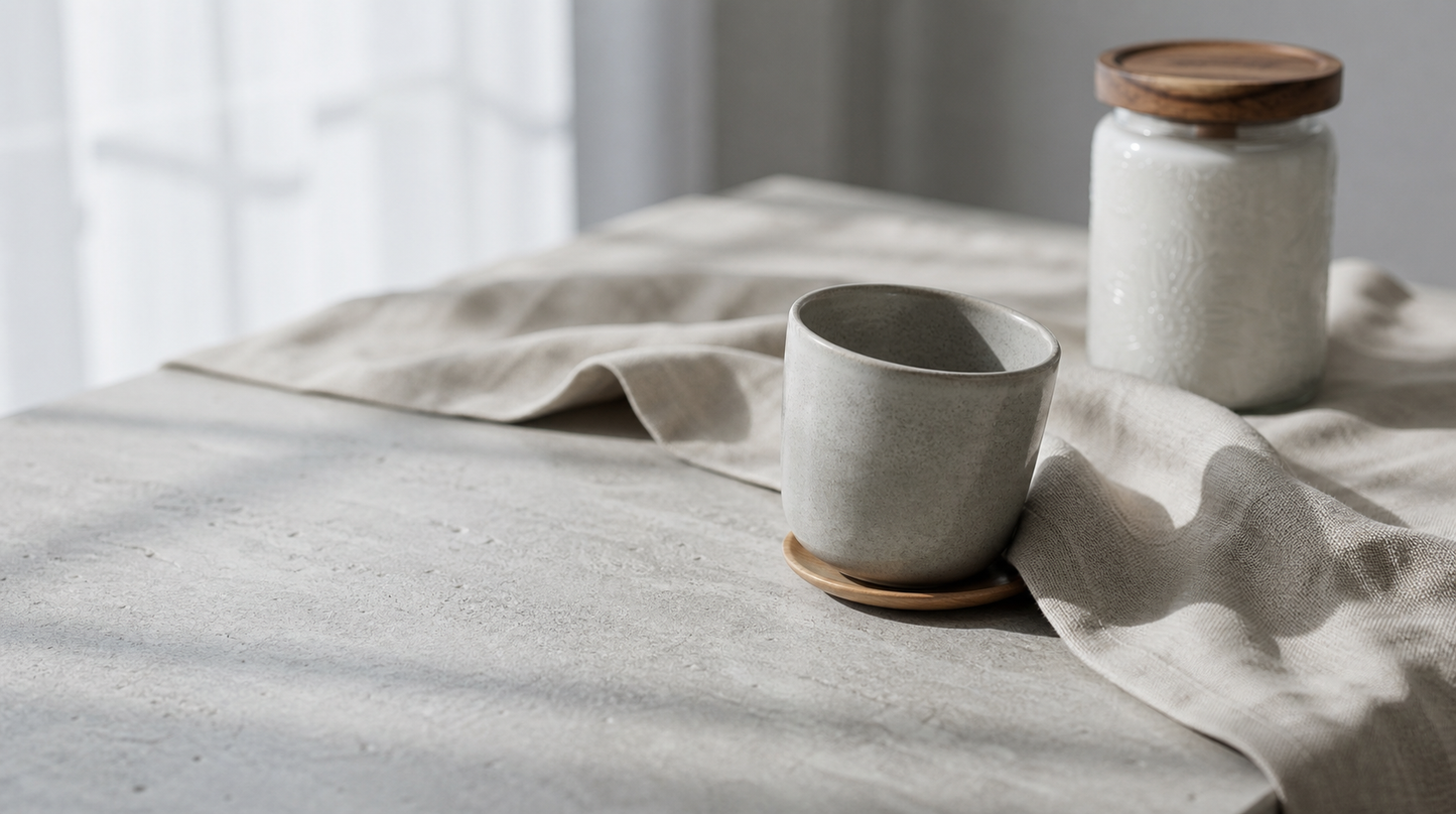 Sincero Home — Vela artesanal XL de soja con mecha de madera — Lifestyle interior photo with candle and cup