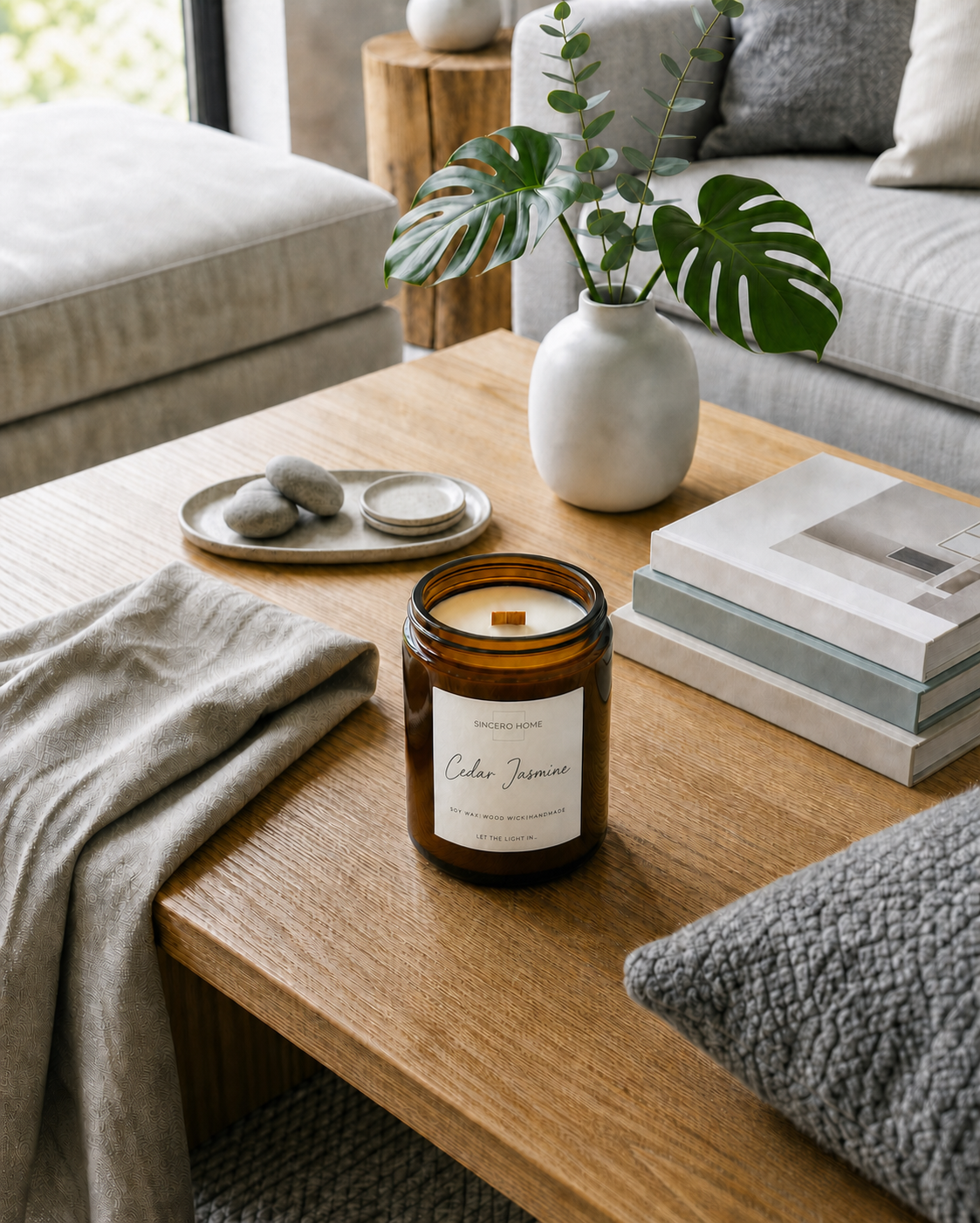 Vela Amber Cedar & Jasmine de Sincero Home en un interior luminoso