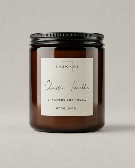 Vela artesanal Amber Classic Vanilla de 300 g en tarro ámbar con tapa negra