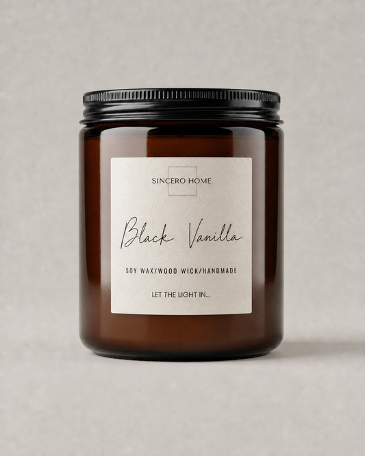 Vela artesanal Amber Black Vanilla de 300 g en tarro ámbar con tapa negra