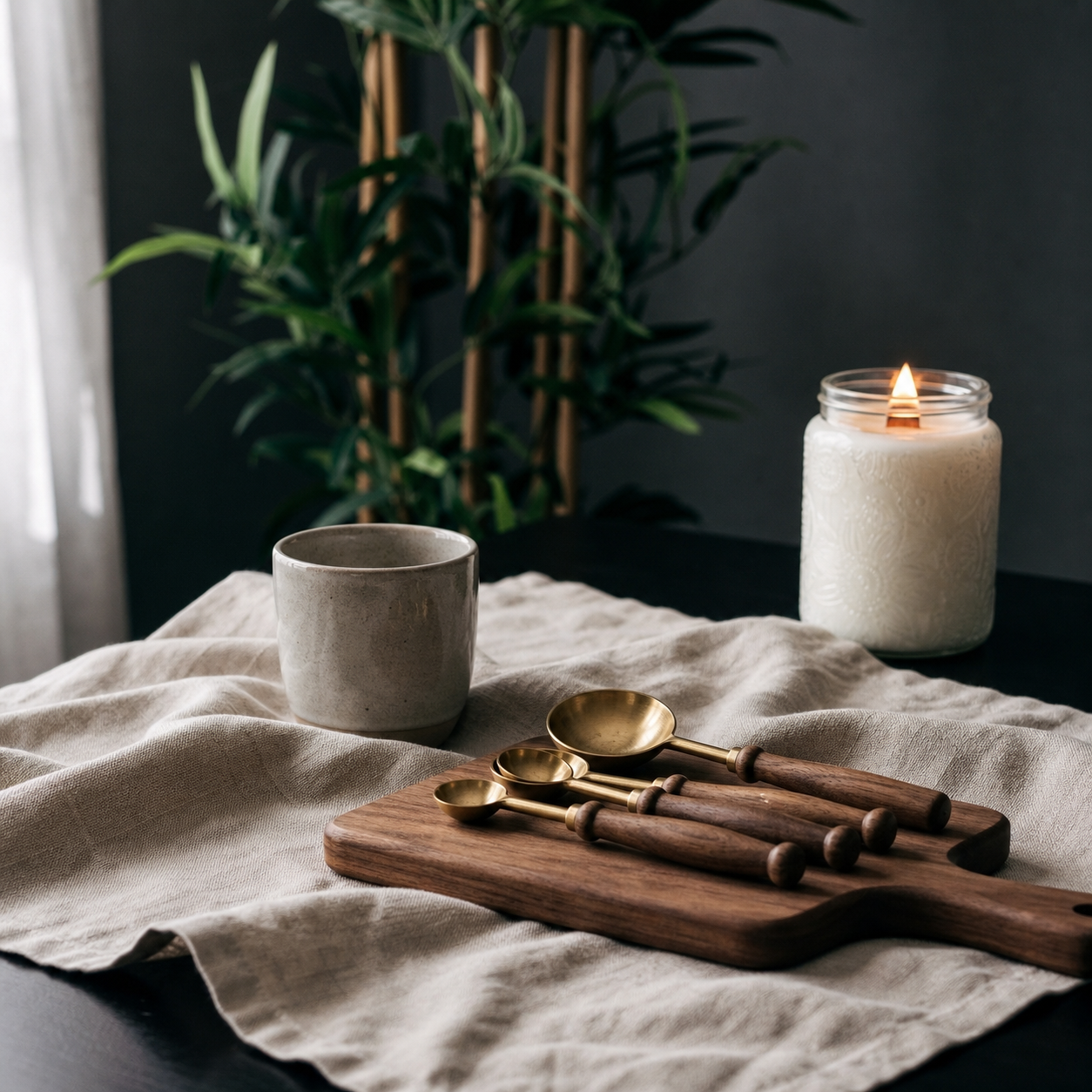 Sincero Home — Vela artesanal XL de soja con mecha de madera — Lifestyle photo with candle on tray and measuring spoons