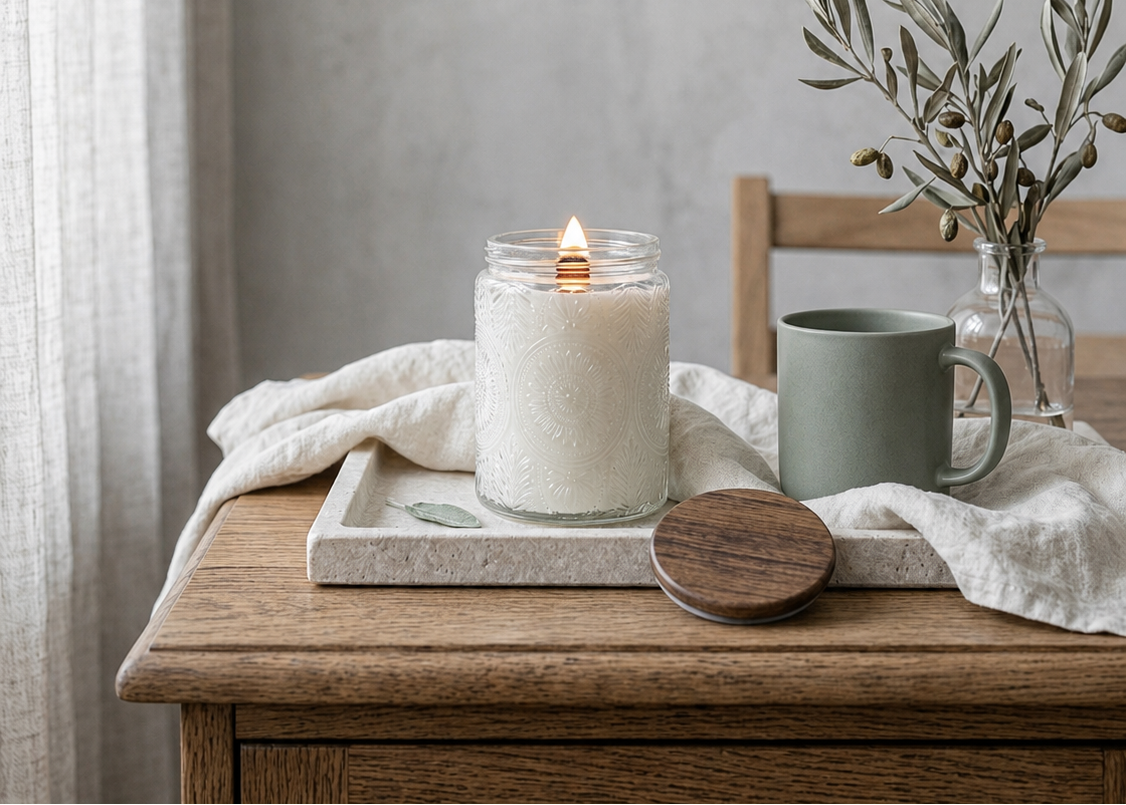 Sincero Home — Vela artesanal XL de soja con mecha de madera — Lit candle on tray with home styling