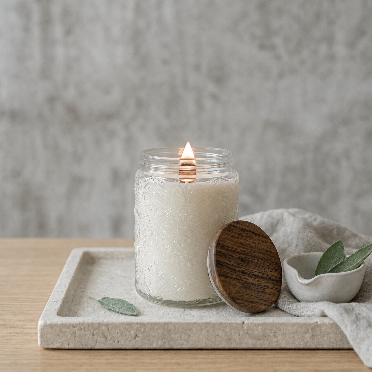 Sincero Home — Vela artesanal XL de soja con mecha de madera — Lit candle close-up with lid and glass texture