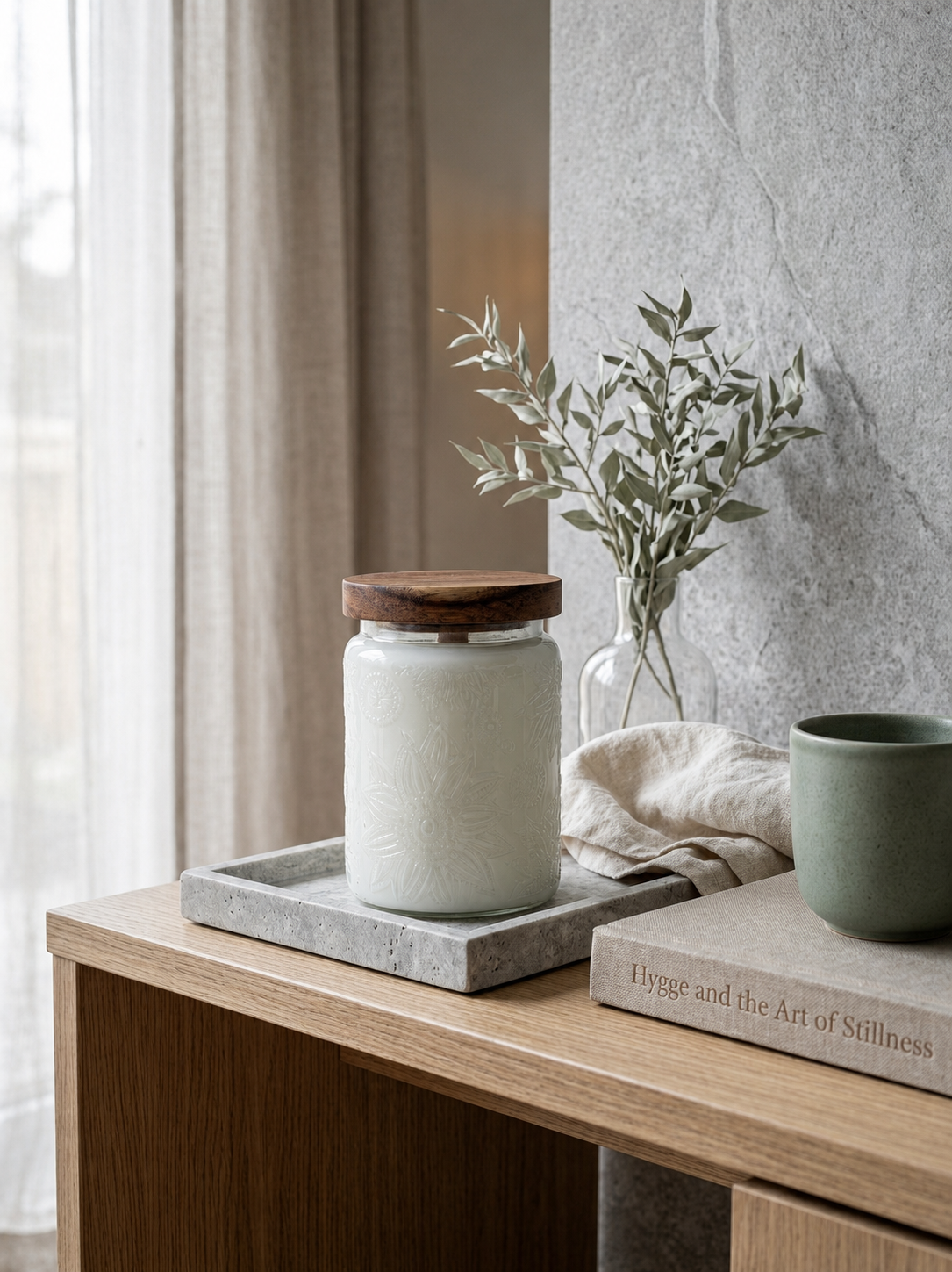 Sincero Home — Vela artesanal XL de soja con mecha de madera — Lifestyle interior photo with closed candle on table